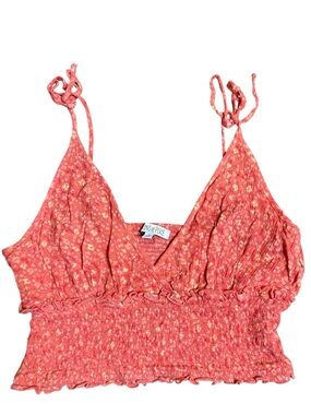 Patrons of Peace Medium Coral Floral Tie-Shoulder Smocked Crop